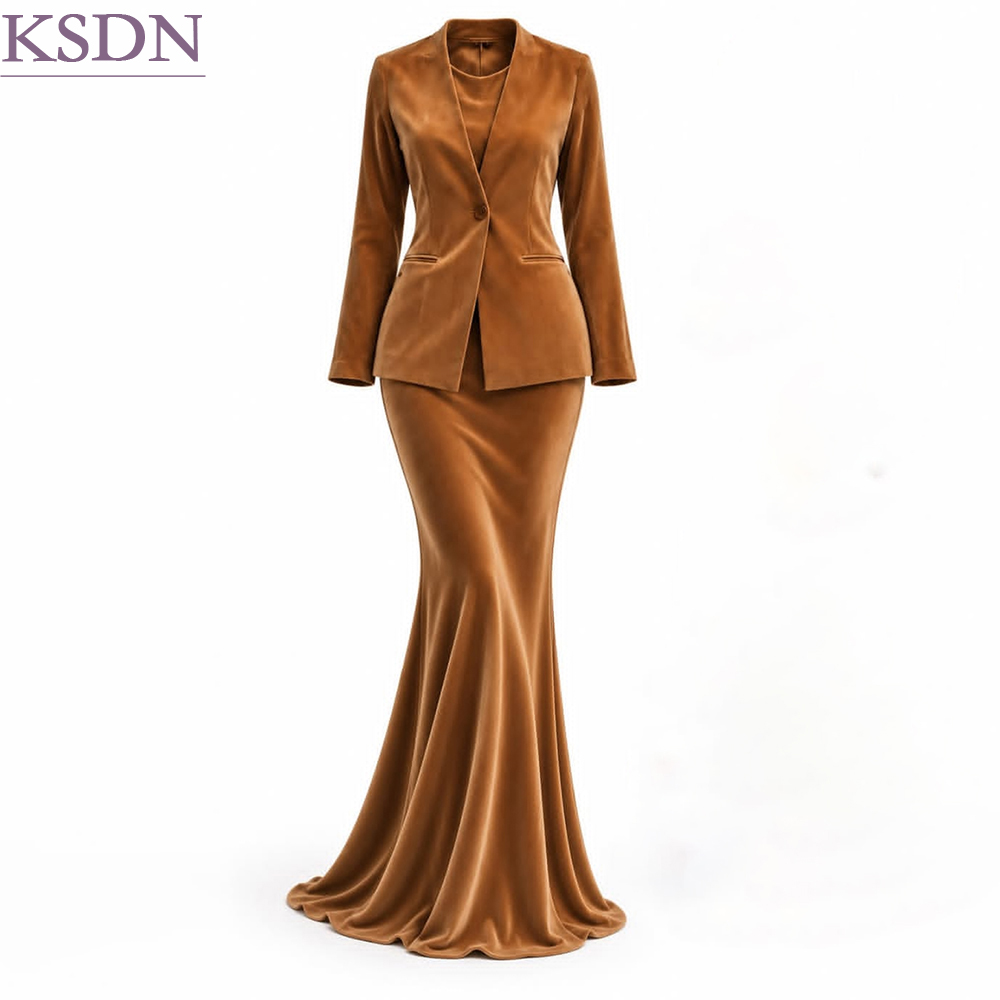 Formal Skirt - ชุดสูทผู้หญิงผ้ากำมะหยี่สุดหรู ดีไซน์สง่างาม กระดุมเม็ดเดียว ไม่มีปก เสื้อแจ็คเก็ต 2