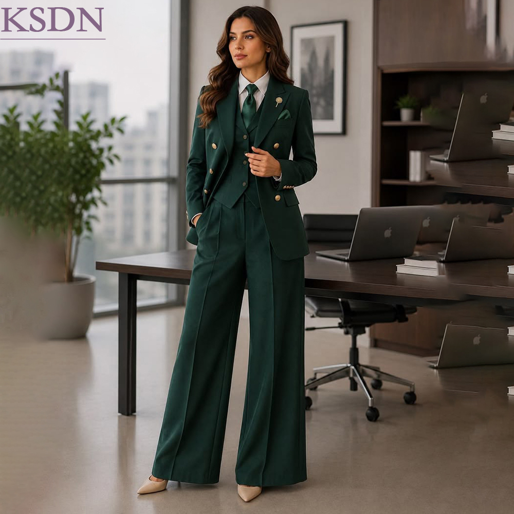 Womens Blazer - ชุดสูทสตรีสีเขียวแบบทางการสำหรับธุรกิจ สั่งตัดได้ กระดุมสองแถว ปกแหลม 3 ชิ้น