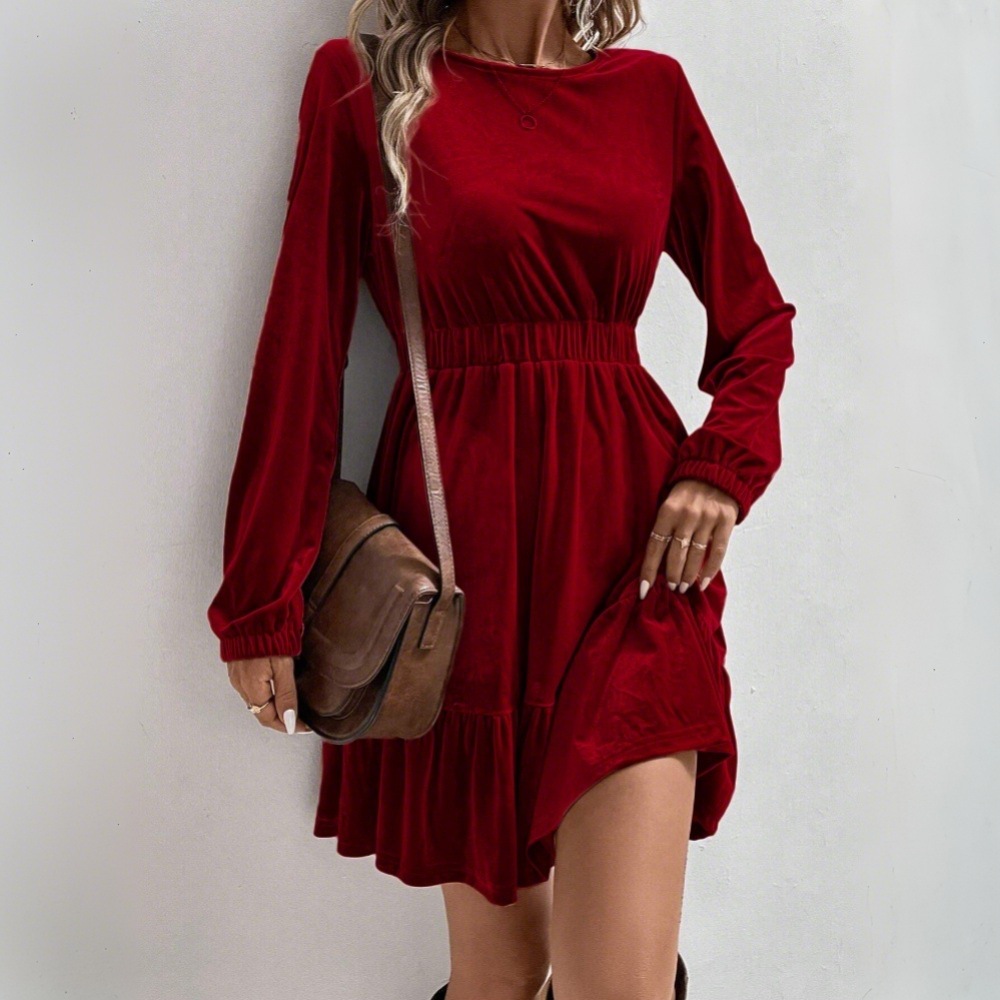 Midi Dress - เดรสกำมะหยี่สไตล์ยุโรปอเมริกัน แขนยาว เอวสม็อค ความยาวระดับกลาง รุ่นใหม่