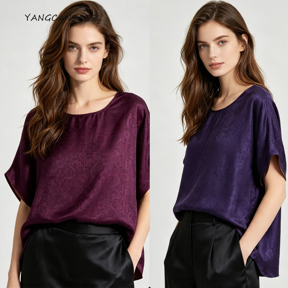 Silk Blouse - เสื้อยืดแขนสั้นคอกลมเรียบง่ายสำหรับผู้หญิงไซส์ใหญ่ ผ้าซาตินซังโบ 100% ไหมหม่อนธรรมชาติ สำหรับฤดูร้อน