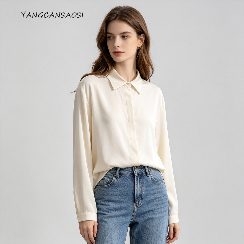 Silk Blouse - เสื้อเชิ้ตแขนยาวผ้าซาตินคู่ยืดหยุ่น ผ้าไหมหม่อนธรรมชาติ 93% แฟชั่นสตรีไซส์ใหญ่ คอลเลคชั่นใหม่ต้นฤดูใบไม้ร่วง ใส่ได้หลากหลายโอกาส