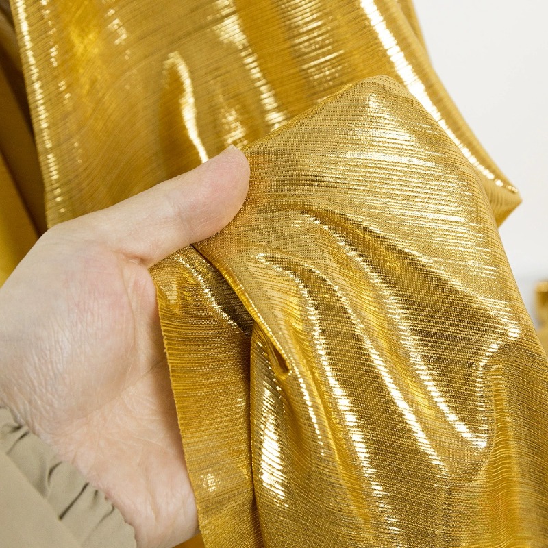 Evening Gown - ผ้าถักลายริ้วสีเหลืองทอง ยืดหยุ่น 100% โพลีเอสเตอร์ กว้าง 150