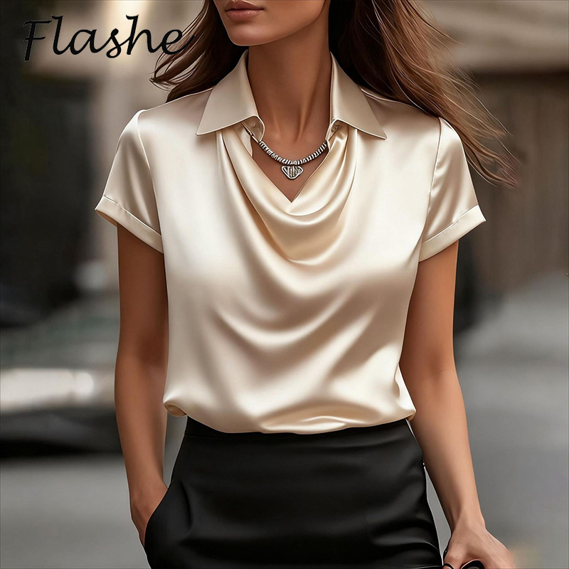 Silk Blouse - เสื้อเชิ้ตผ้าซาตินผู้หญิงและเสื้อเบลาส์แฟชั่นผู้หญิง เสื้อเชิ้ตแขนสั้นผู้หญิง เสื้อเชิ้ตผ้าไหมหรูหราสำหรับสุภาพสตรี เสื้อท็อปสำหรับสาวออฟฟิศ