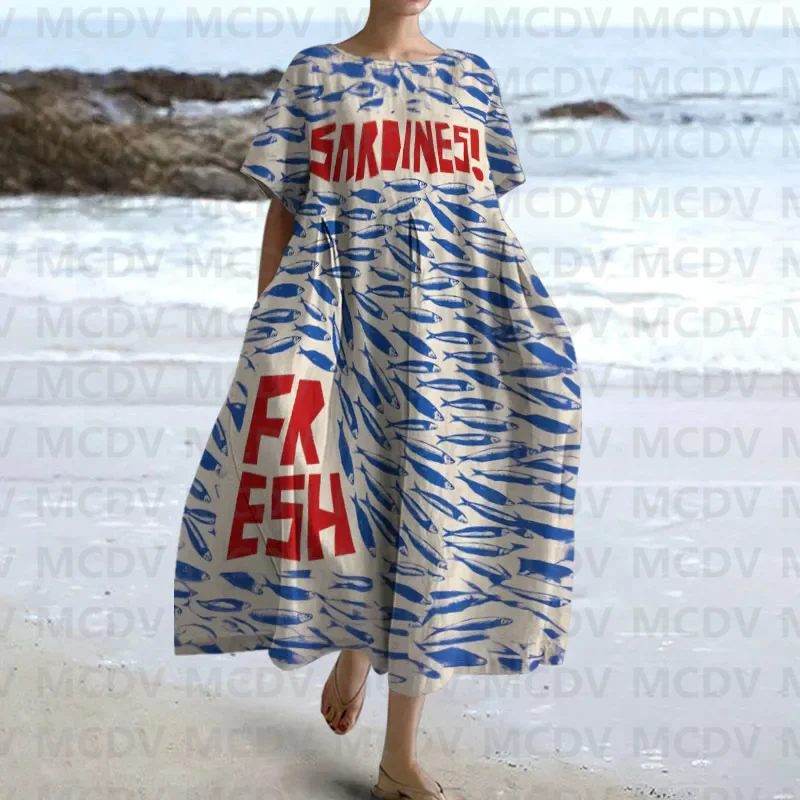 Midi Dress - ญี่ปุ่น Vintage Fish Art พิมพ์ชุดลําลองสตรี Midi