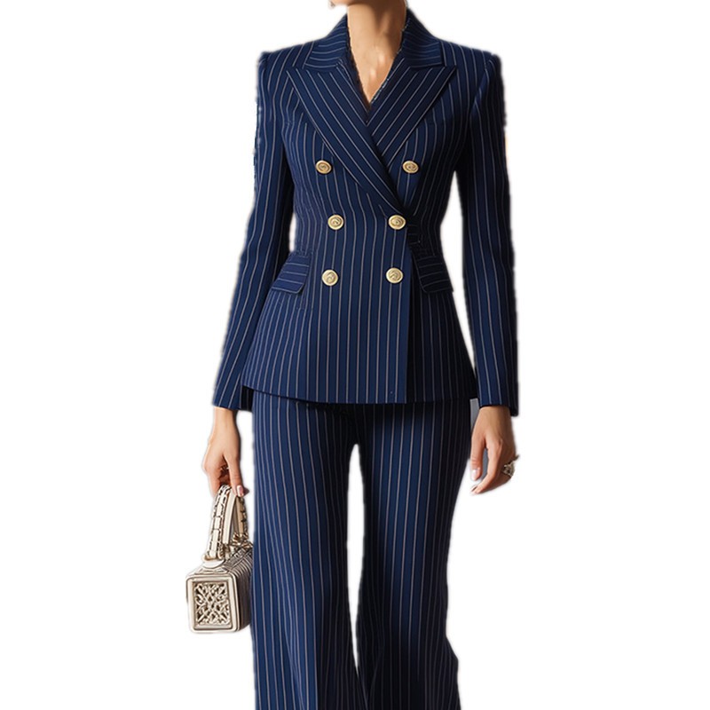 Tailored Trouser Wide - ชุดสูทผู้หญิง กางเกงขายาวทรงกระบอก สีกรมท่า ทรงเข้ารูป กางเกงสแลค กระดุมสองแถว
