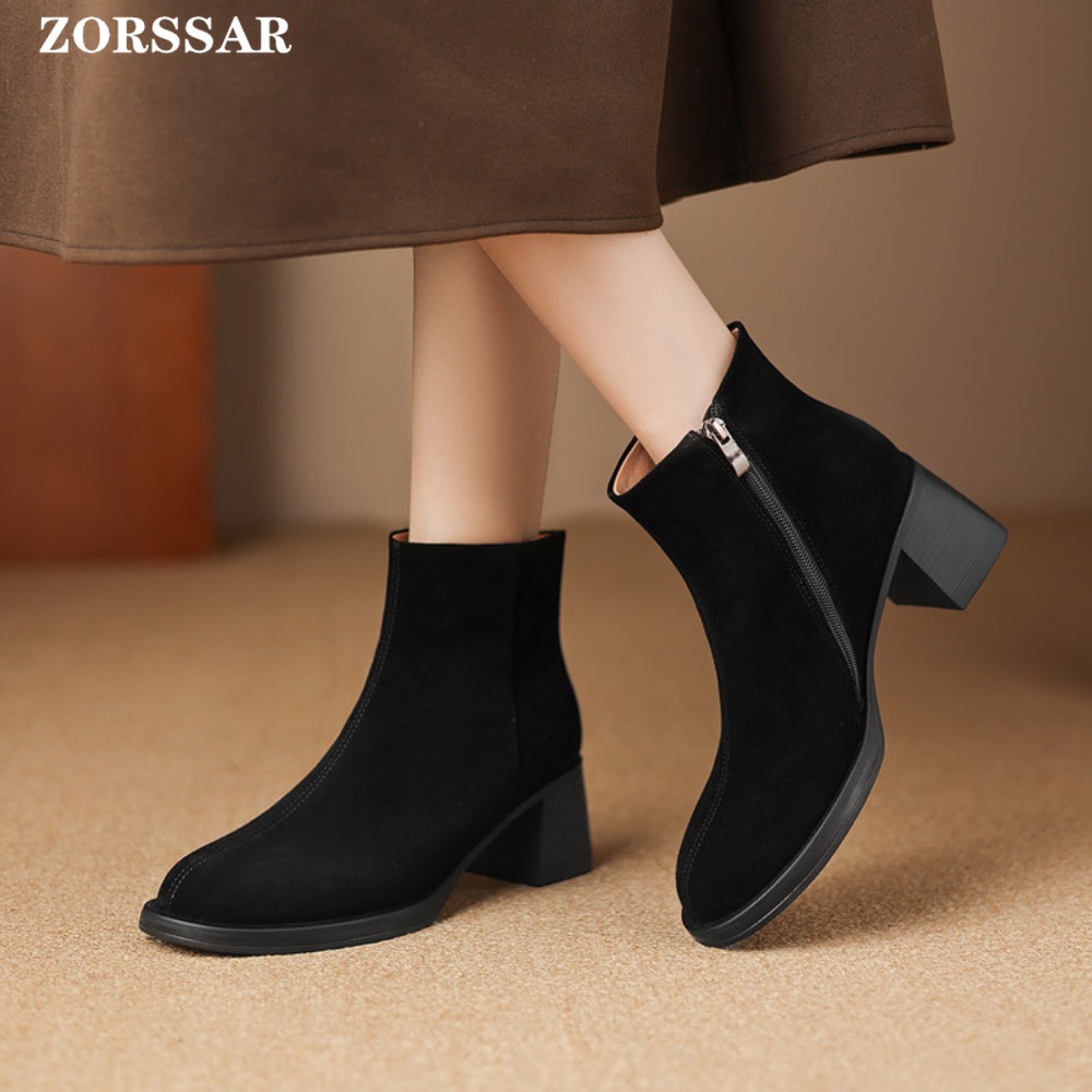 Womens Heels - รองเท้าบูทสั้นผู้หญิงหนังแท้ ส้นสูงทรงเหลี่ยม คอลเลคชั่นฤดูใบไม้ร่วง/ฤดูหนาว 2025 รองเท้าบูทข้อเท้าผู้หญิงแบบเรียบง่าย วัสดุหนังกลับ